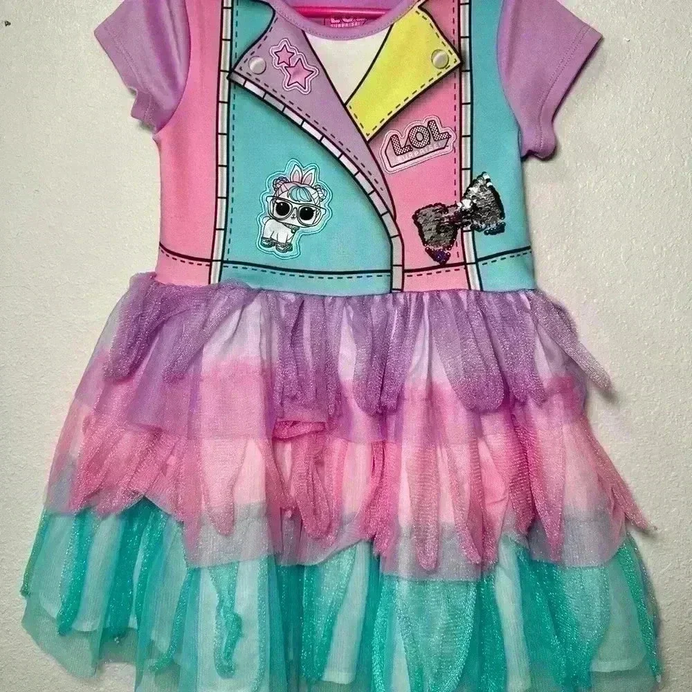 LOL Surprise Girls Dress XS 4/5 Rainbow Tulle Ruffle Jacket Graphic Sparkle